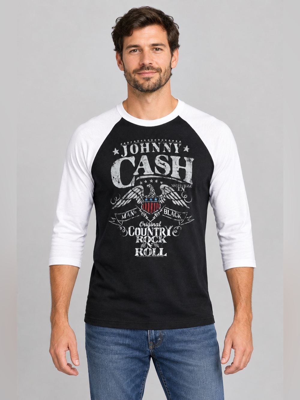 Men’s Johnny Cash Man in Black 3/4 Sleeve Raglan Graphic Tee